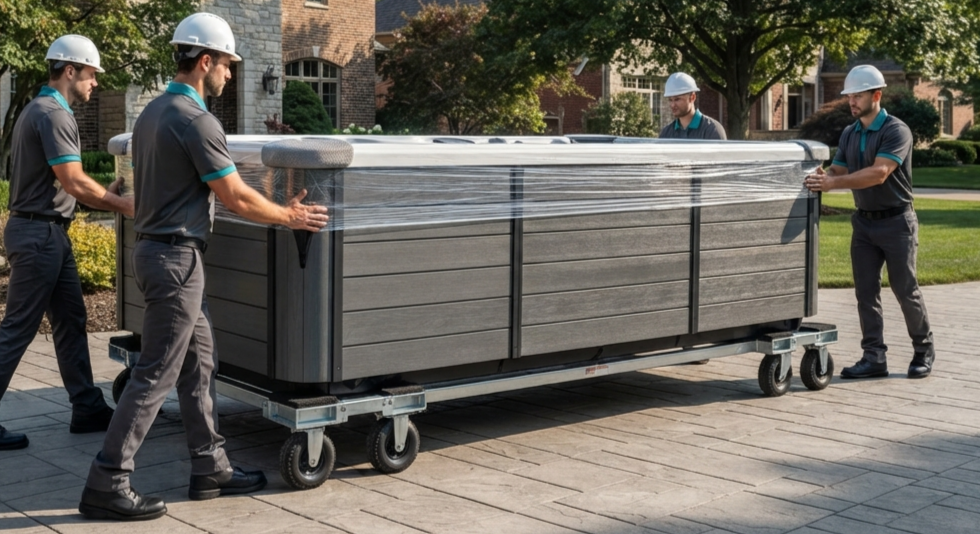 Crane service placing a hot tub into a residential backyard