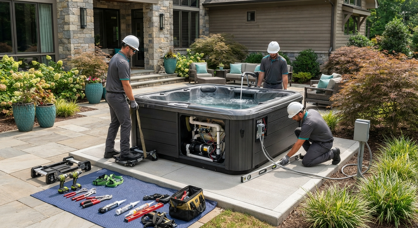Residential hot tub moving project with protective moving equipment