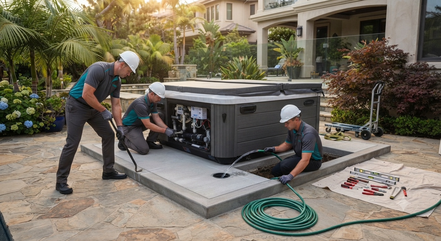 Professional hot tub installation on a reinforced concrete pad