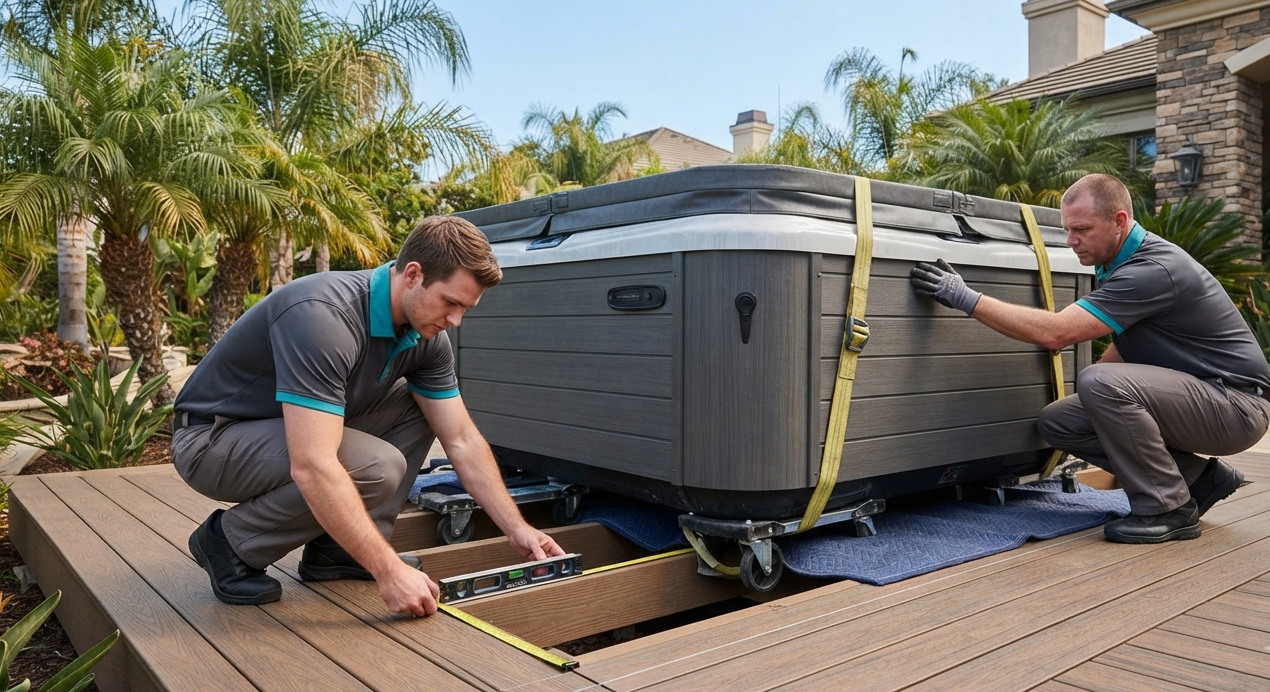 Technicians preparing a new hot tub for safe installation