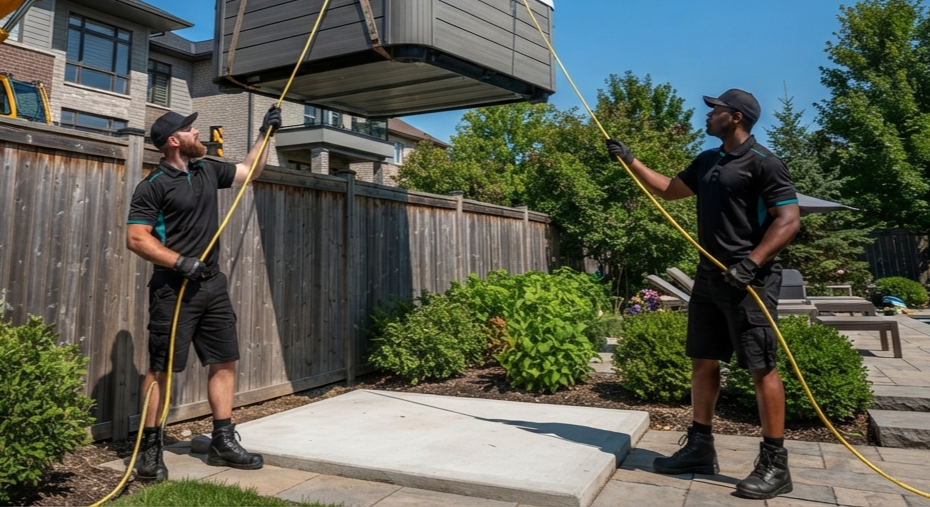 Team positioning a hot tub onto a reinforced backyard pad