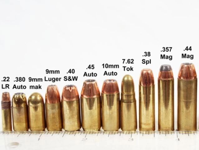 Several different types of bullets are lined up on a ruler