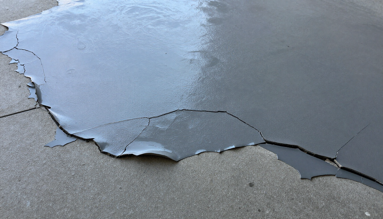 Close up of a failing epoxy floor coating with peeling and cracks.