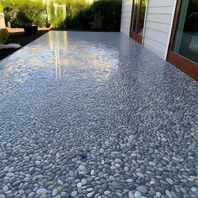 A patio with a lot of rocks on it installed by Greenville Epoxy Flooring in Greer, SC.