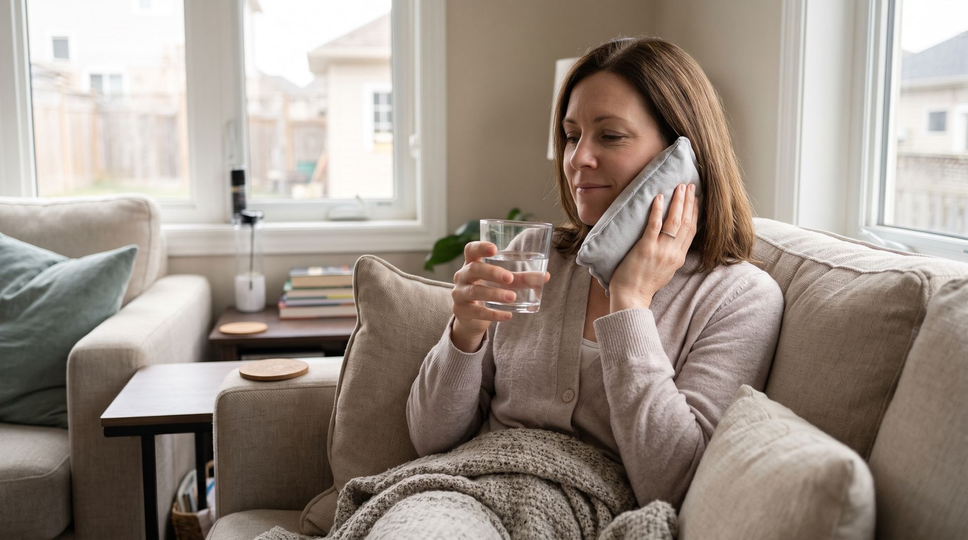 Woman on a couch holding a phone and a glass of water, looking unwell in a bright living room.