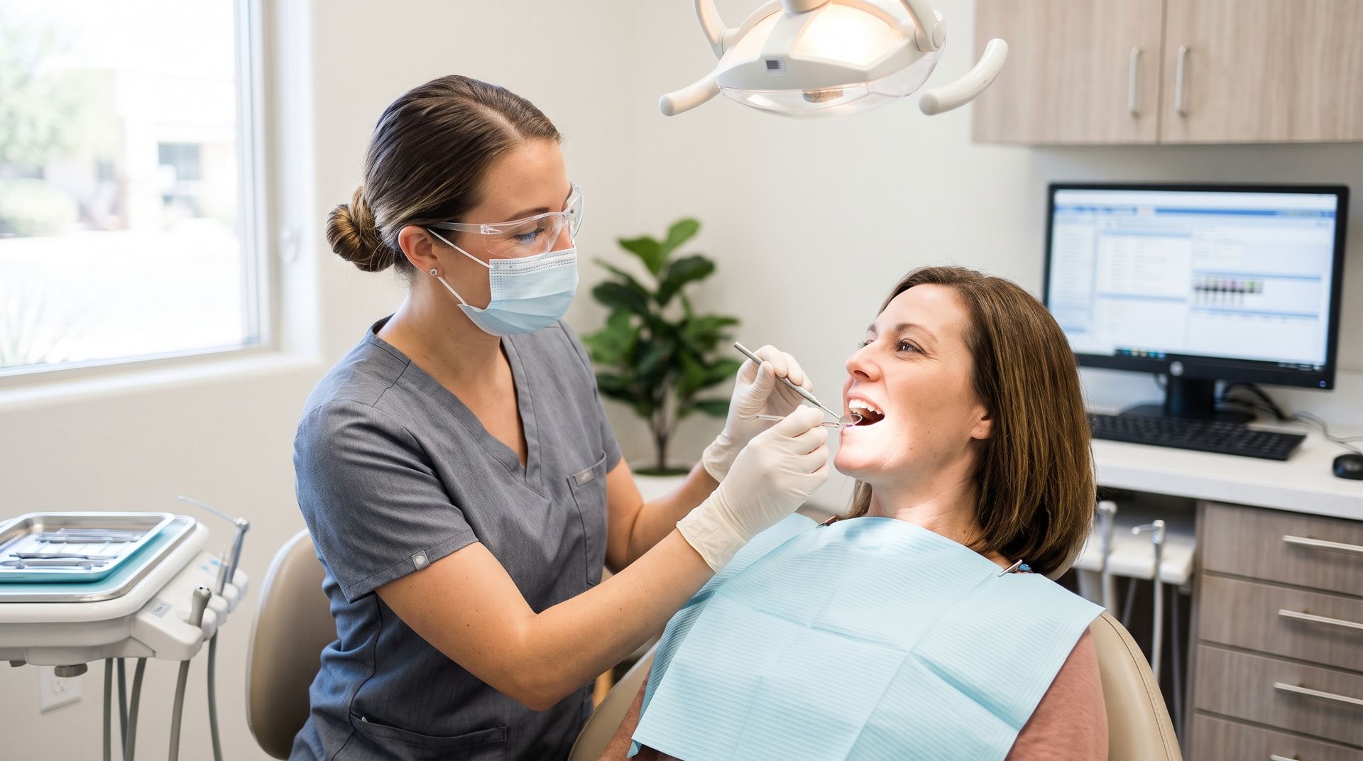 Dentist examining a smiling patient in a dental office with chair, lamp, and computer monitor