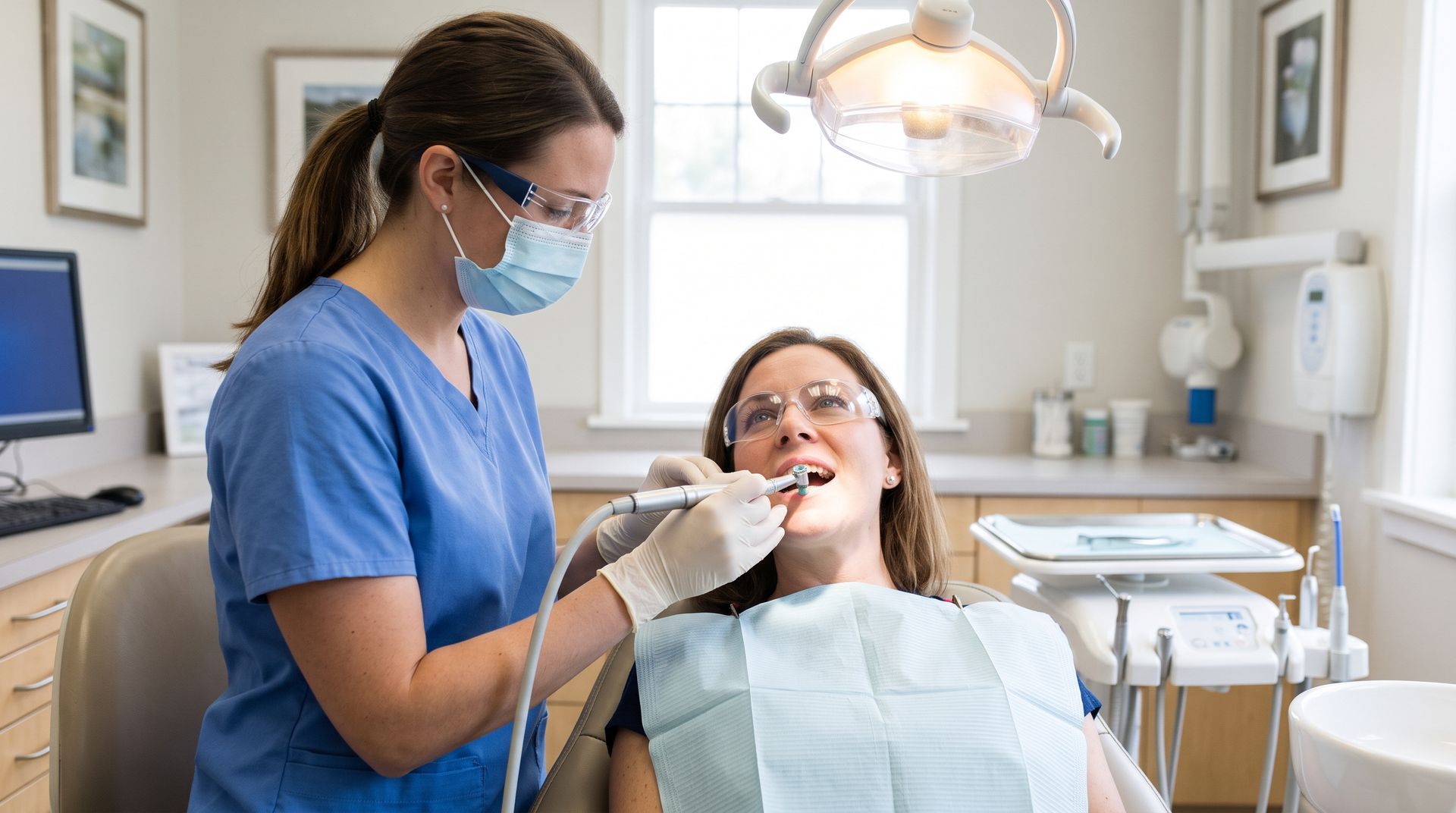 Dental hygienist cleaning a patient’s teeth in a bright dental office