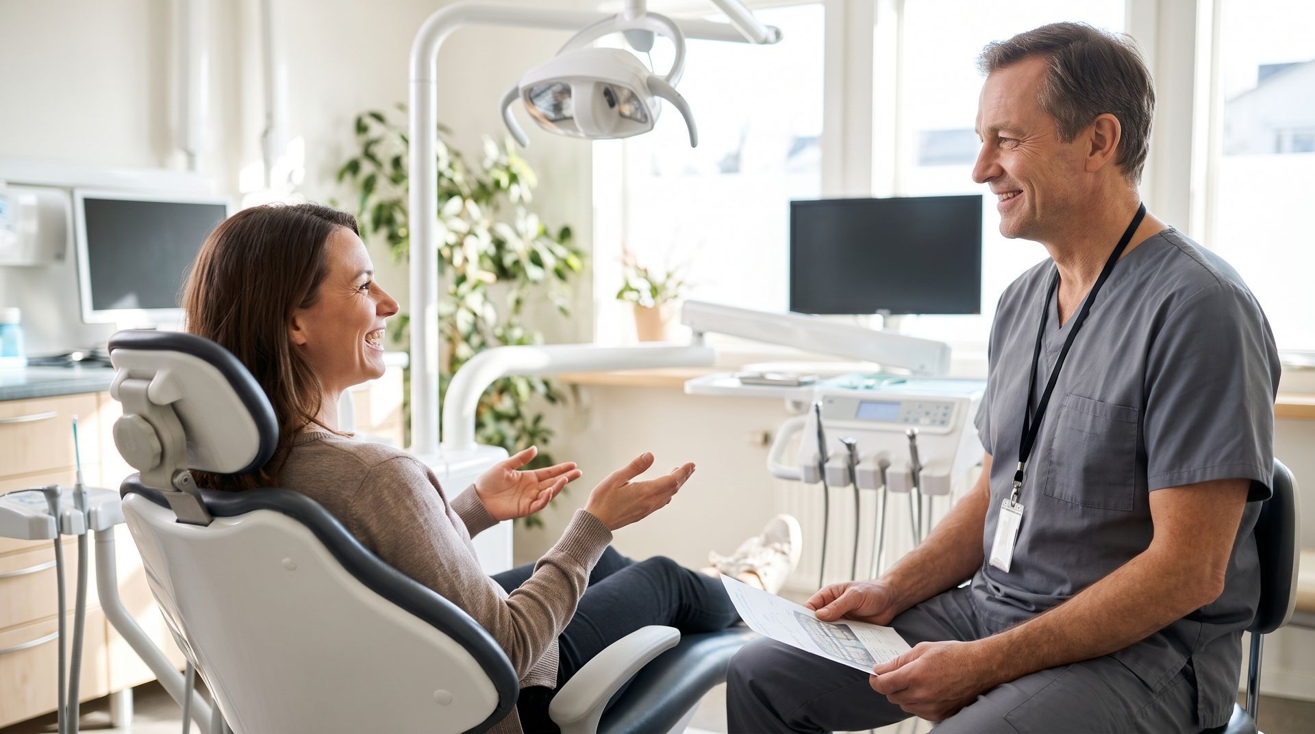 Patient speaking with dentist in a bright modern dental office, reclining in a chair during consultation.