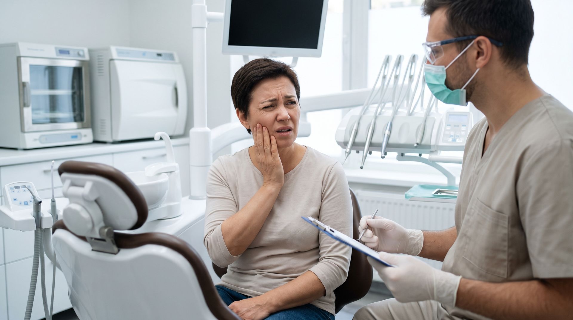 Dentist showing a dental X-ray to a patient in a bright clinic office