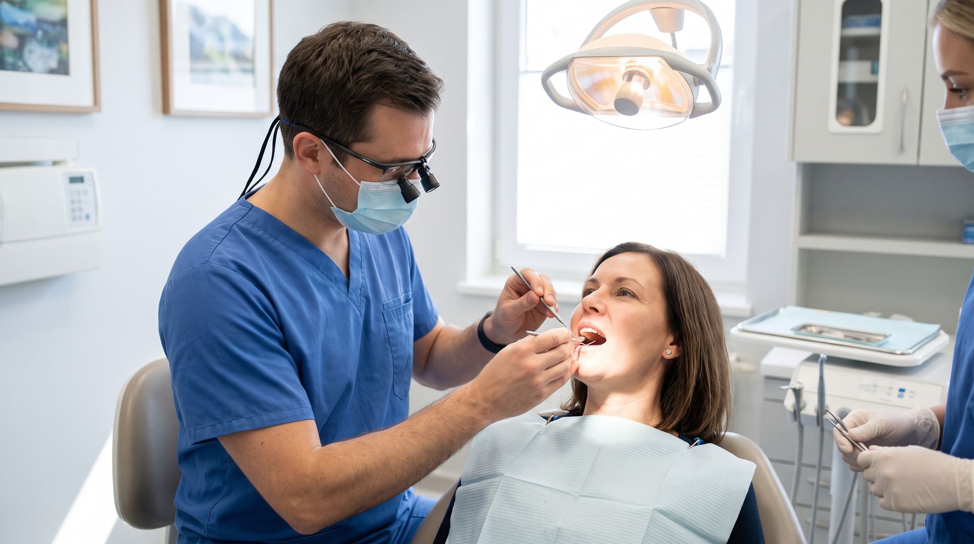 Dentist examining a patient in a dental chair with tools in a bright clinic
