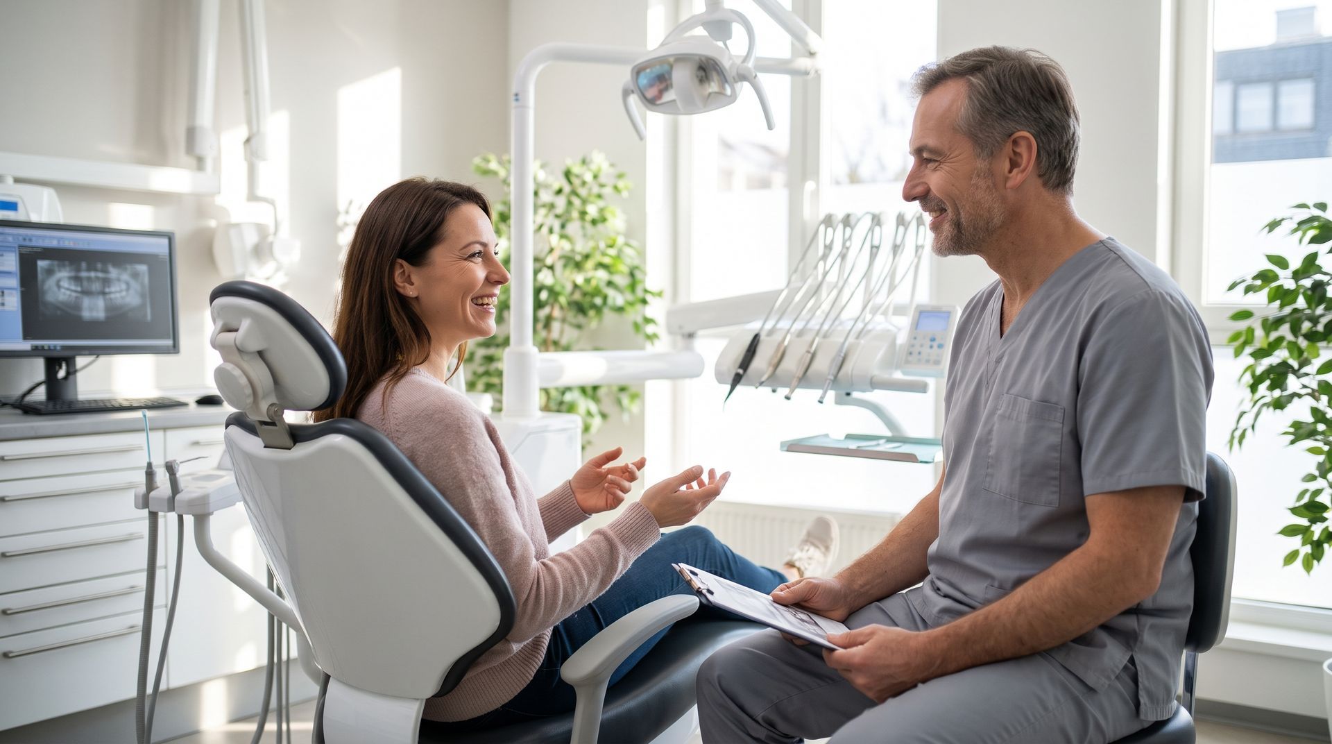 Two people talking in a bright dental clinic, seated by a dental chair and equipment.