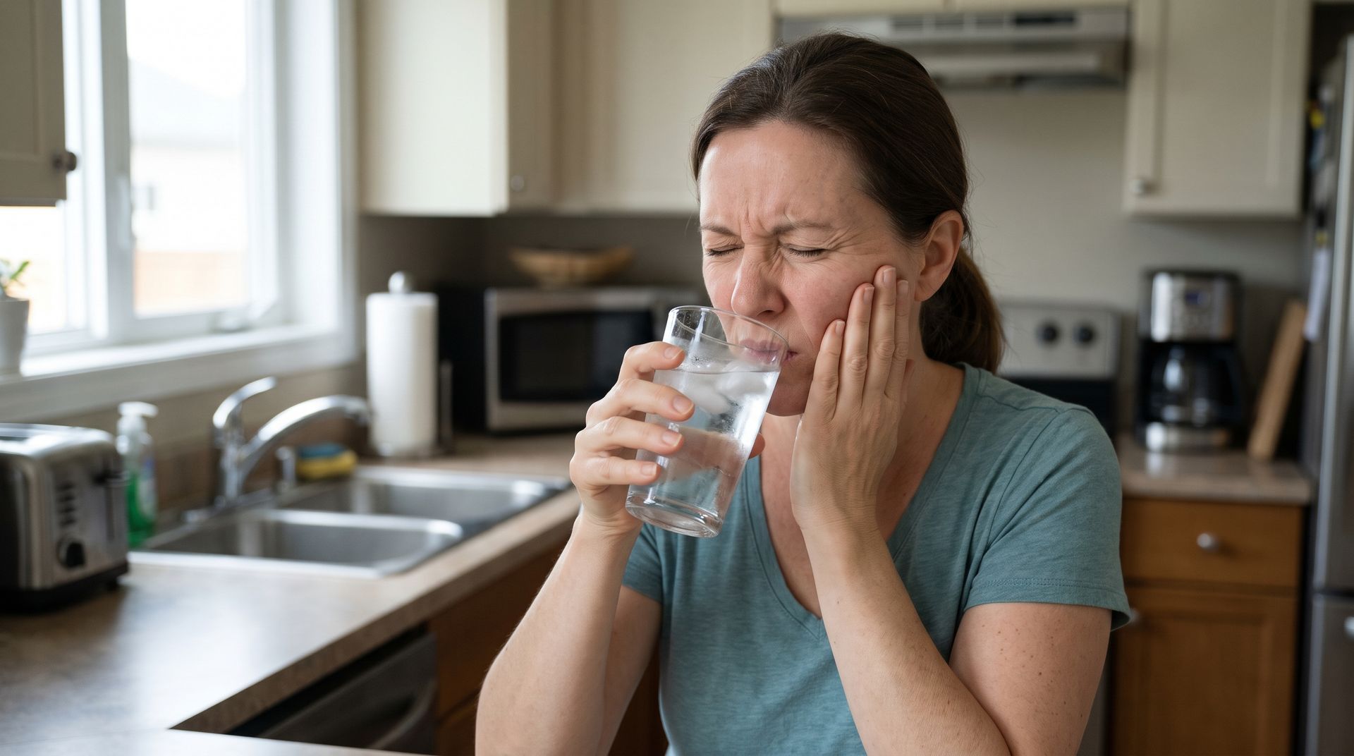 Person drinking water in a kitchen while holding a hand to their face, looking uncomfortable