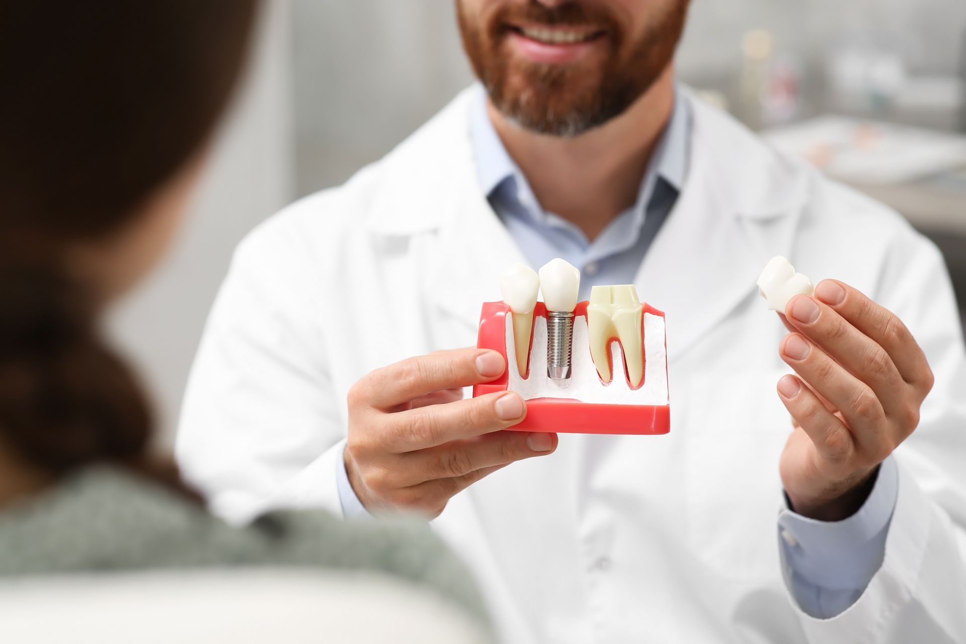 Dentist holding a dental implant model during a consultation with a patient