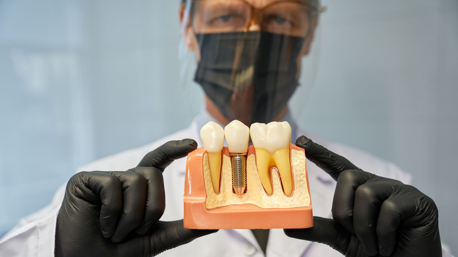 Dentist holding a model of teeth, one with an implant, demonstrating dental work.