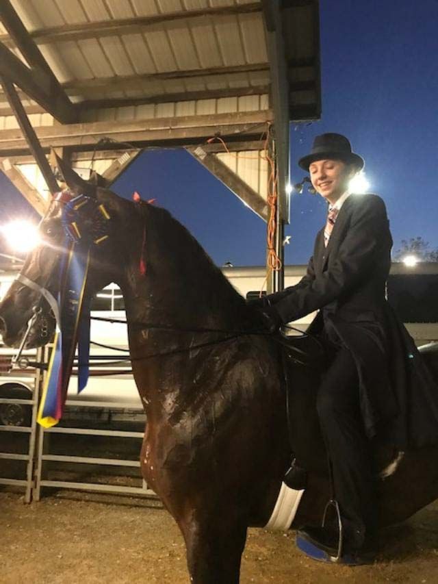 A person in a black suit and top hat smiles on a brown horse, with ribbons, outdoors.