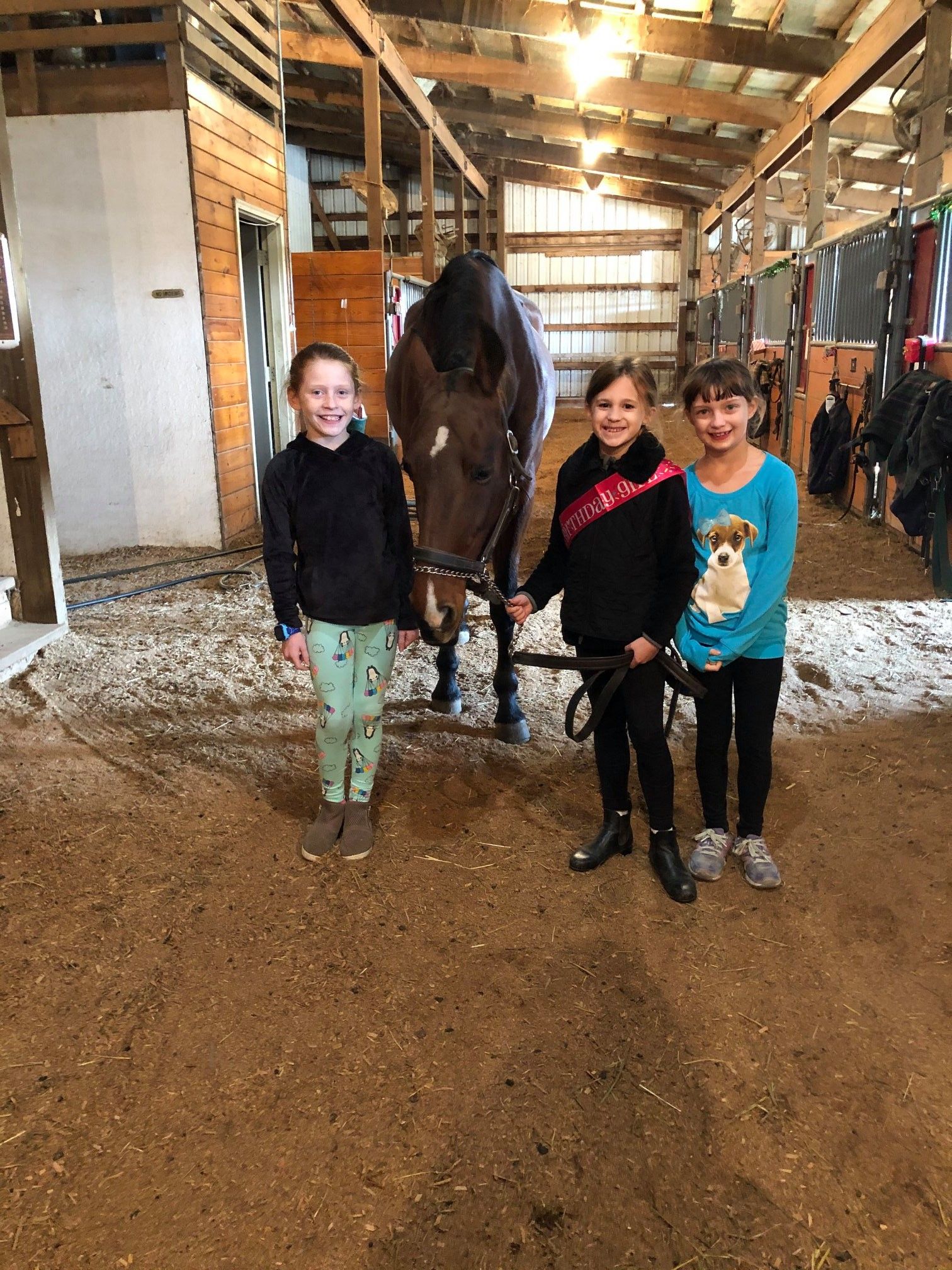 Three children stand smiling with a brown horse in an indoor stable.