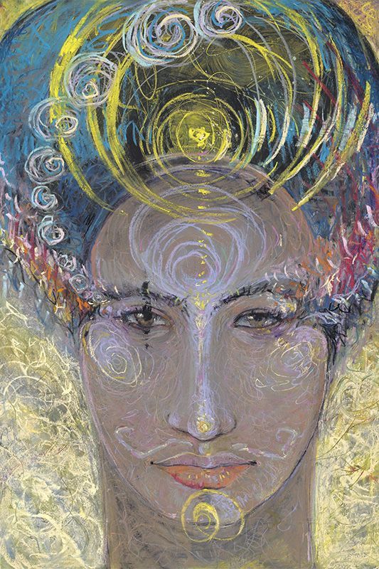 Abstract portrait of a face with swirling gold, blue, and purple patterns around the head