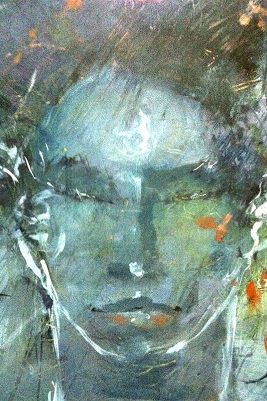 Abstract blue-gray painted face with closed eyes and orange accents on a textured background