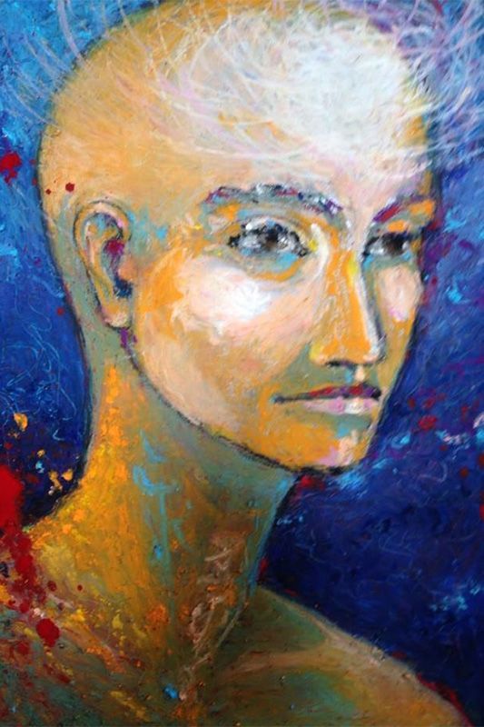 Abstract painted portrait with pale face, short white hair, and blue background