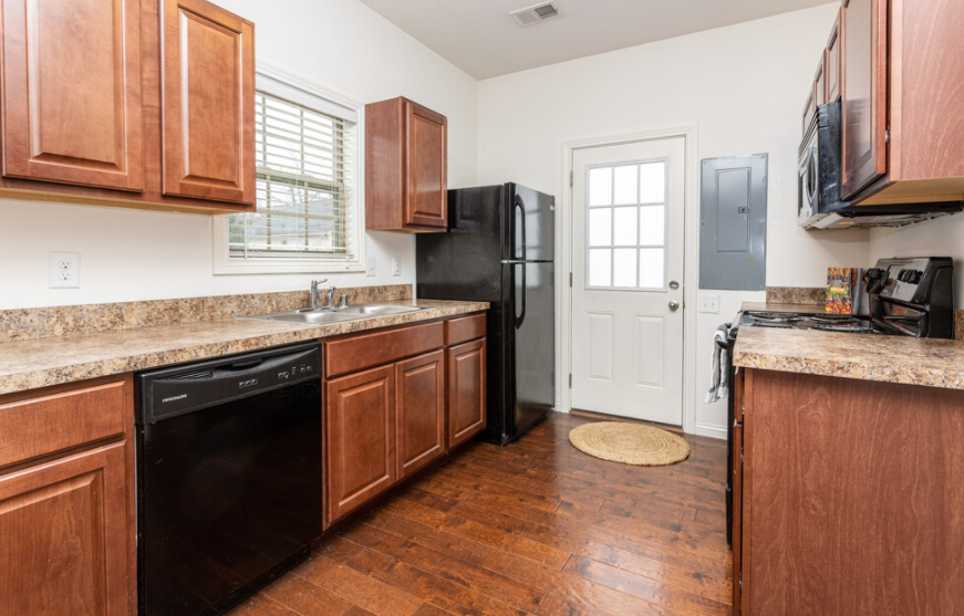Photo of a kitchen with a door going to the outside