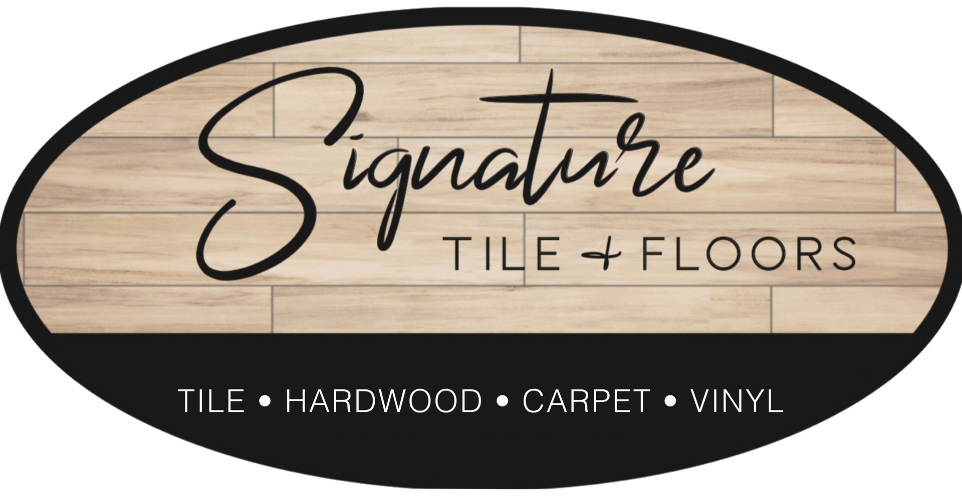 Signature Tile + Floors logo: oval design with woodgrain background and black text.