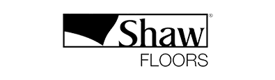 Shaw Floors logo, a rectangular box with black and white shape and the word "Shaw" and "FLOORS" in black font.