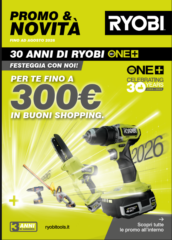 Poster promozionale RYOBI su sfondo giallo brillante, per i 30 anni e utensili elettrici del valore di 300€.