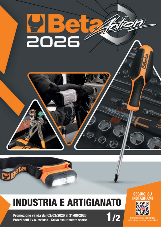 Poster Beta 2026 sugli utensili industriali e artigianali con disegni arancioni e neri e punte da trapano