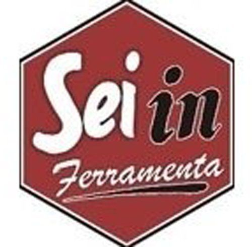 Logo esagonale rosso con testo bianco e nero 