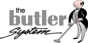 Logo reading “the butler system” with a cartoon butler holding a tray in black, white, and gray