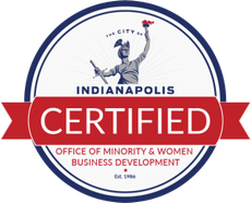 Indianapolis certified seal for Office of Minority & Women Business Development, red and blue