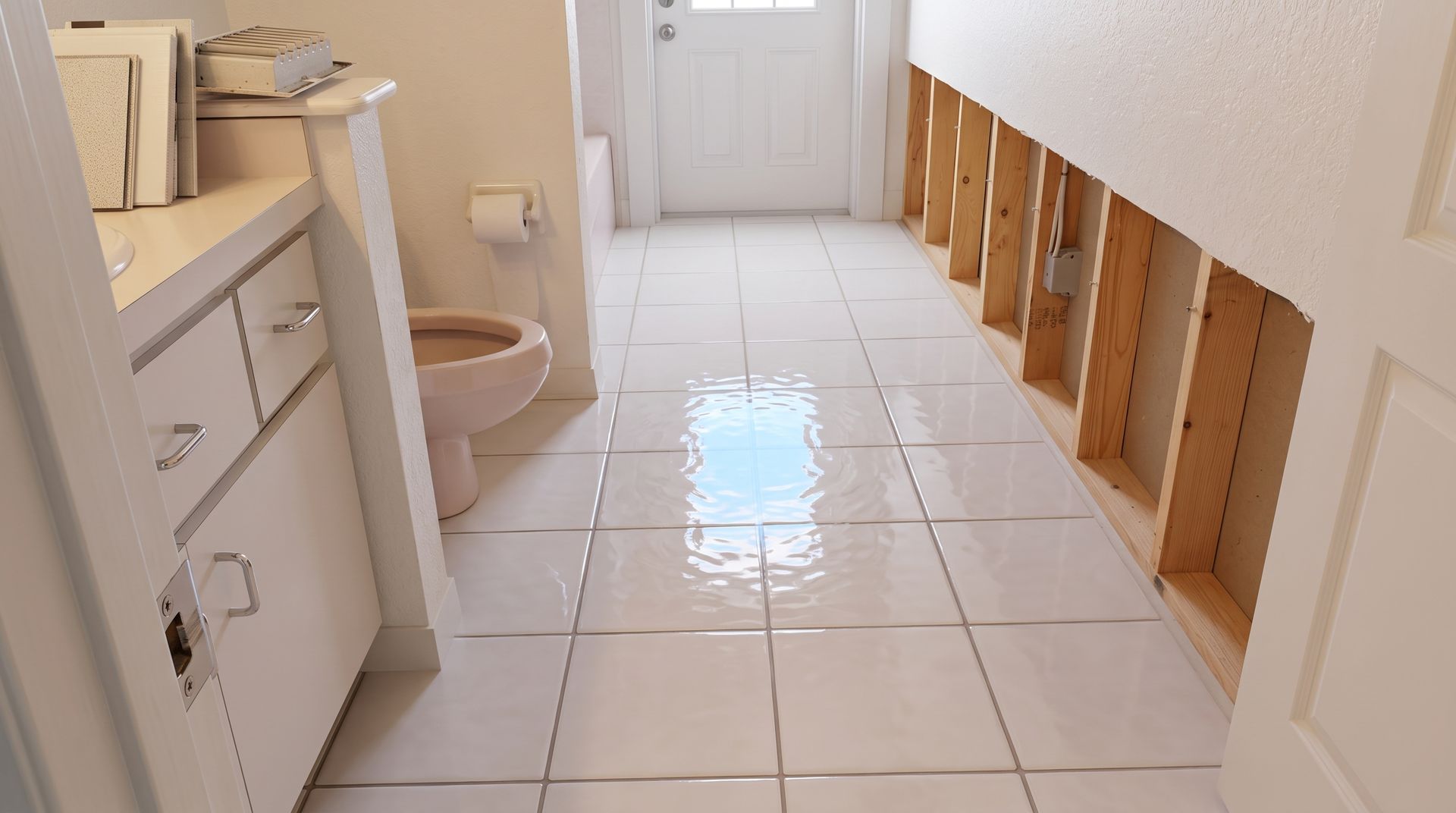 Floor-cleaning machine on white tiled floor with blue hose attached