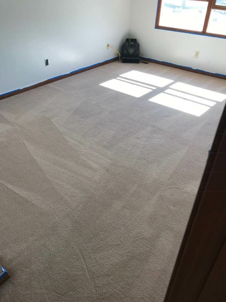 Empty carpeted bedroom with sunlight streaming through two windows.
