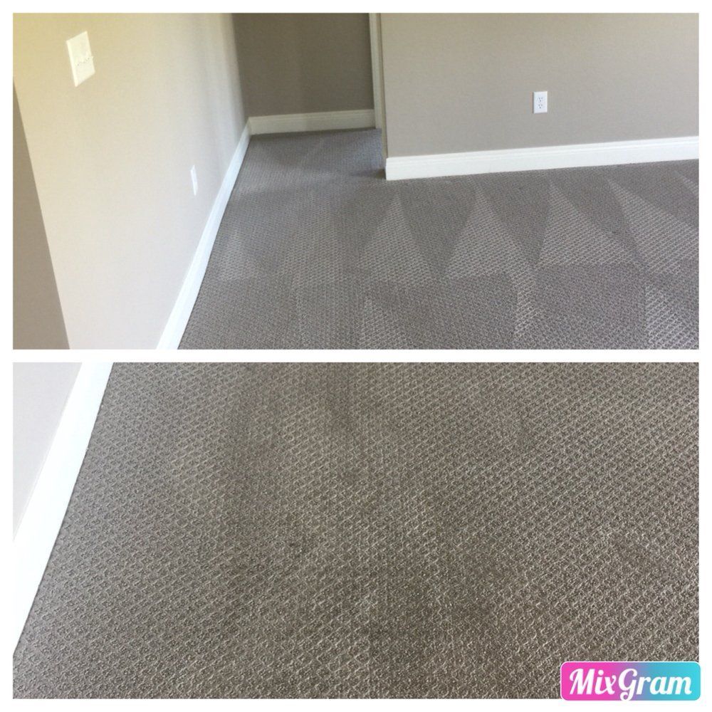 Empty beige room with gray carpet and white baseboards, shown from two angles.