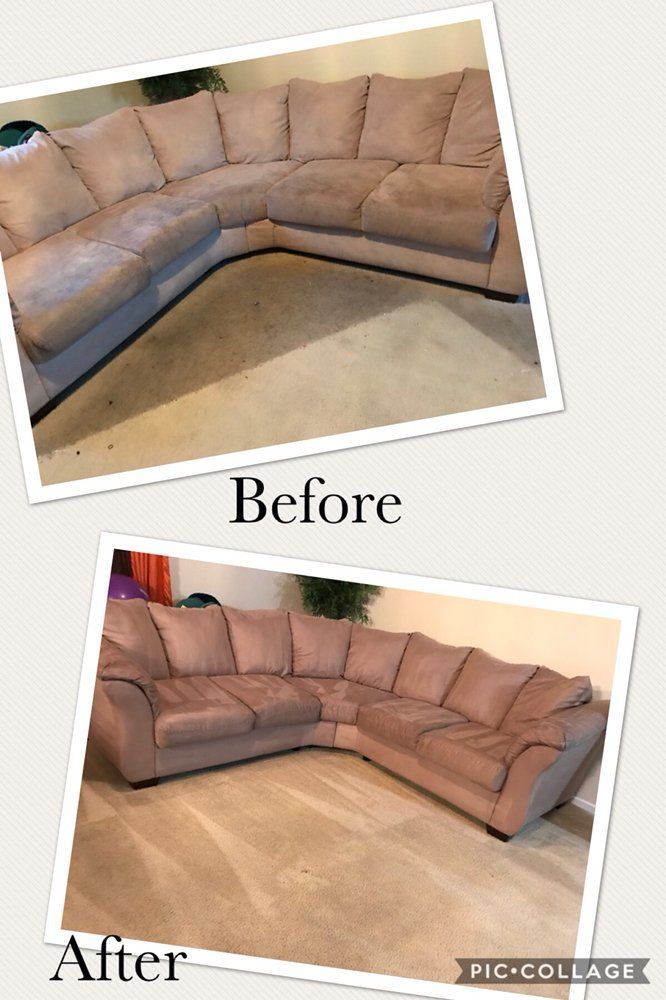 Before-and-after of a tan sectional sofa cleaning, showing stained carpet replaced with a cleaner look.