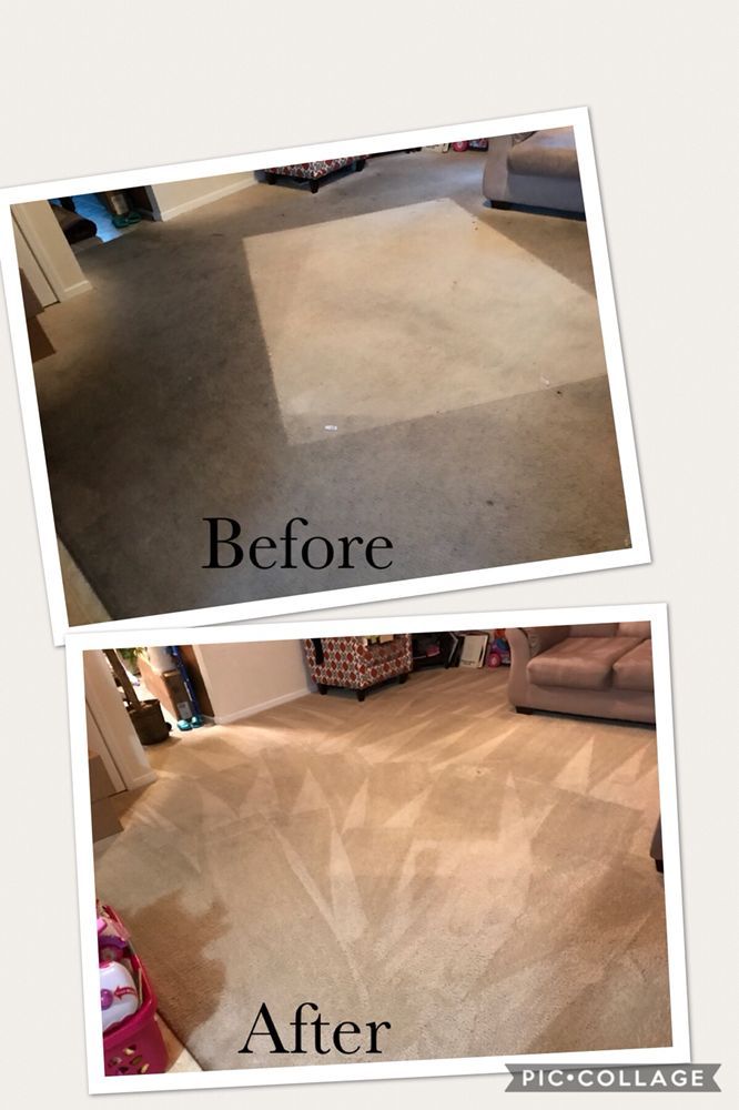 Before-and-after collage of a carpeted living room floor, showing a cleaner, patterned result after cleaning.