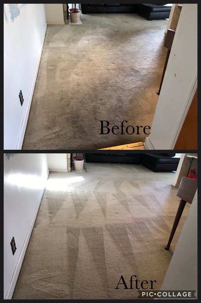 Carpeted hallway floor shown before and after cleaning, with visible stain removal and lighter carpet.