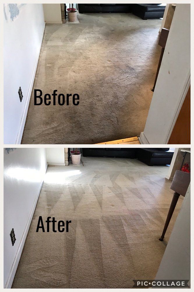 Before-and-after view of a carpeted hallway, showing cleaned beige carpet with visible pattern after.