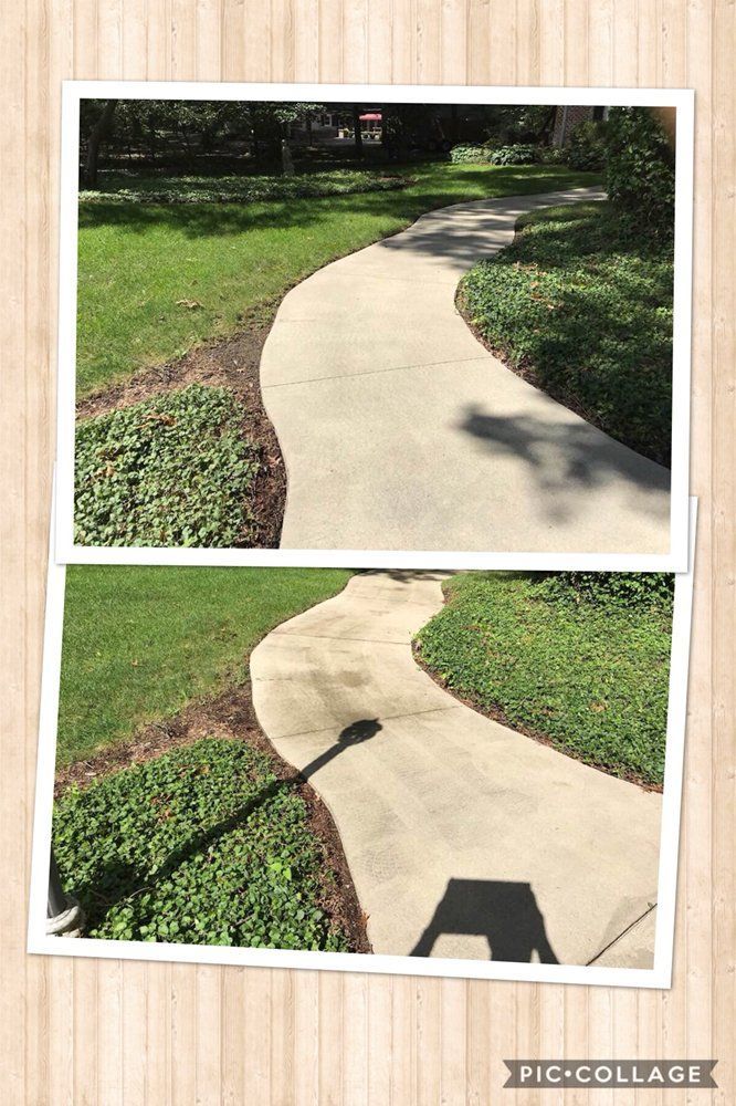 Two photos of a curving concrete sidewalk in a grassy park, one showing a long crack across it.