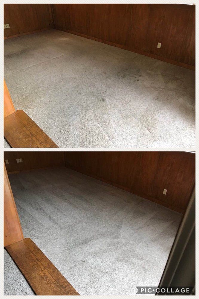 Empty carpeted room with wood-paneled walls, shown in two before-and-after views.