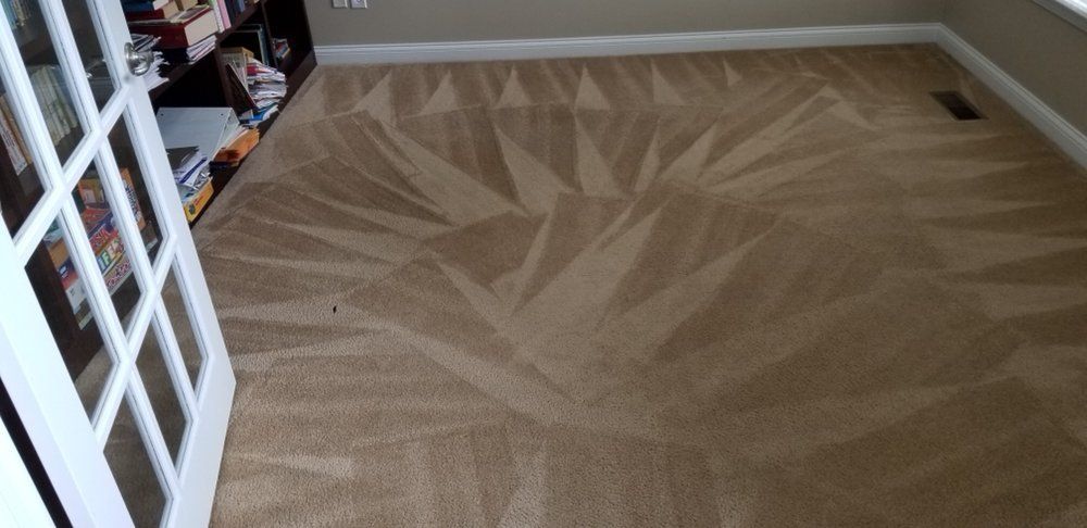 Beige carpeted room with a light-colored patterned rug and a white railing on the left.