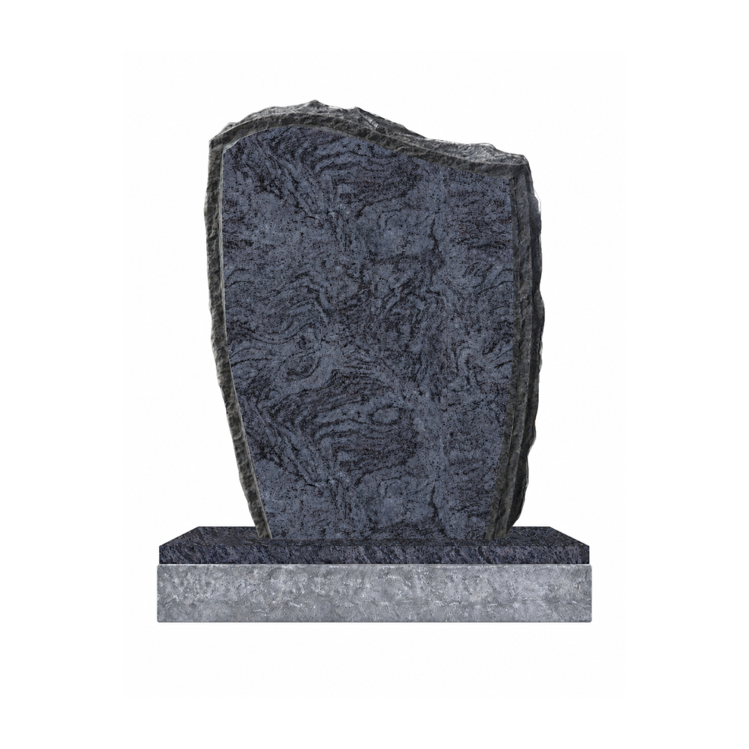 Dark gray stone memorial plaque on a rectangular base against a white background