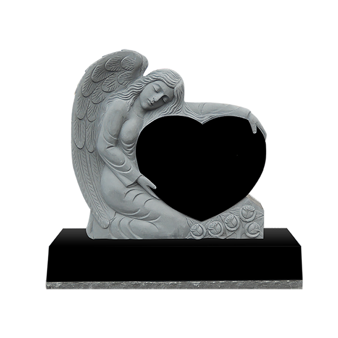 Gray angel gravestone with a black heart-shaped center on a black base