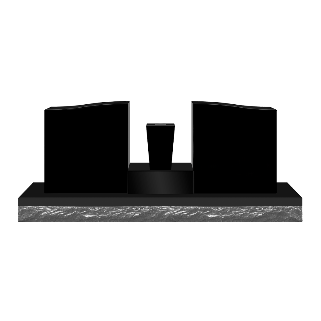 Black speaker-like objects on a gray base against a white background