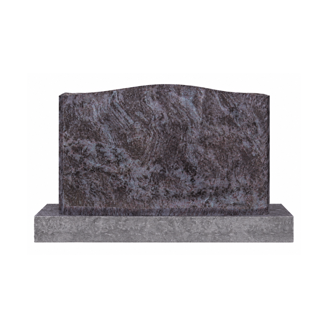 Gray granite tombstone on a rectangular base, isolated on white background