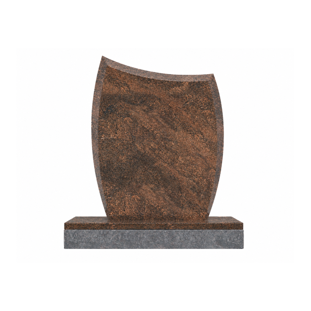 Brown stone sculpture on a gray rectangular base against a white background