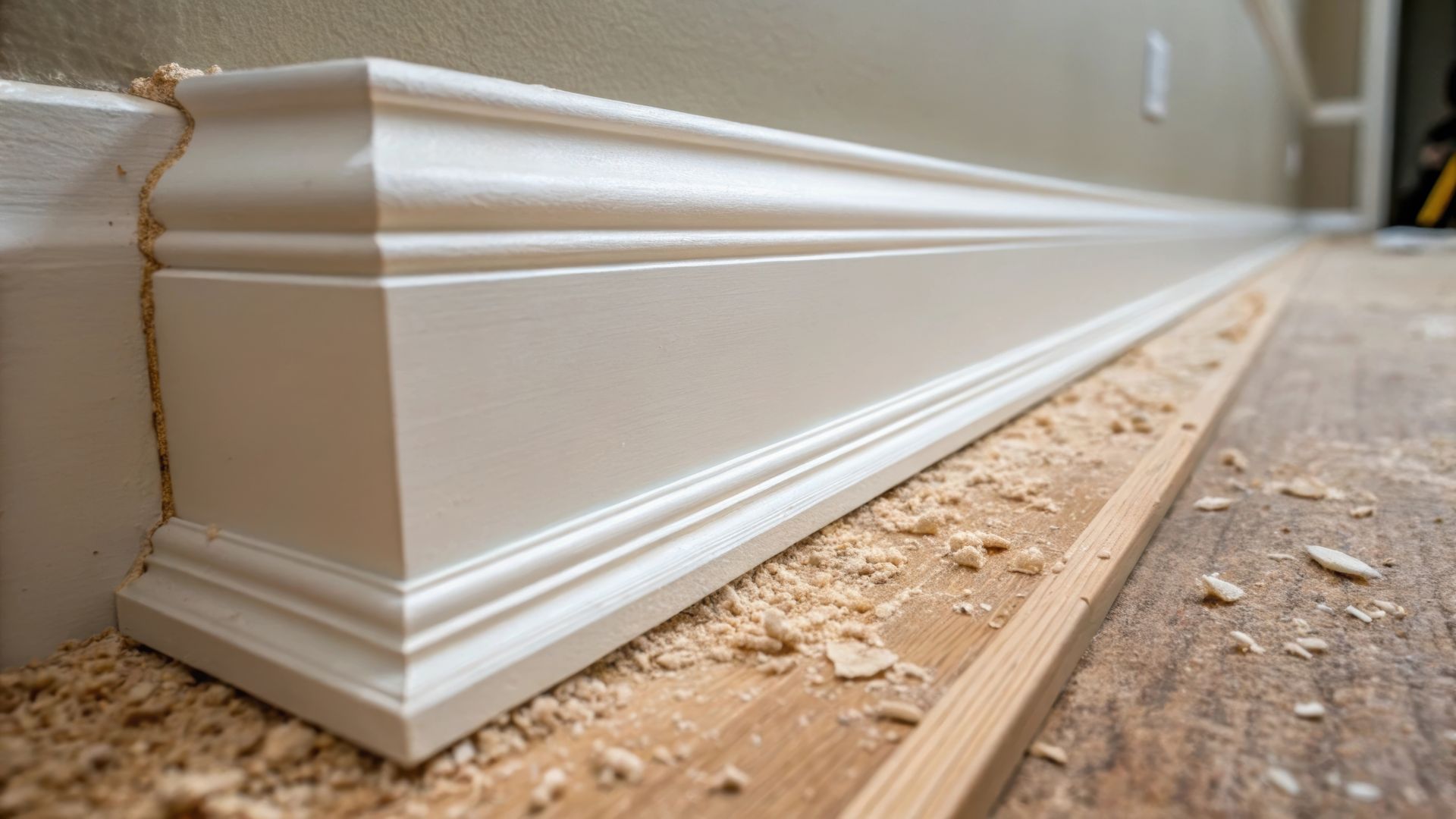 White molding installed on a wall with wood flooring and sawdust.