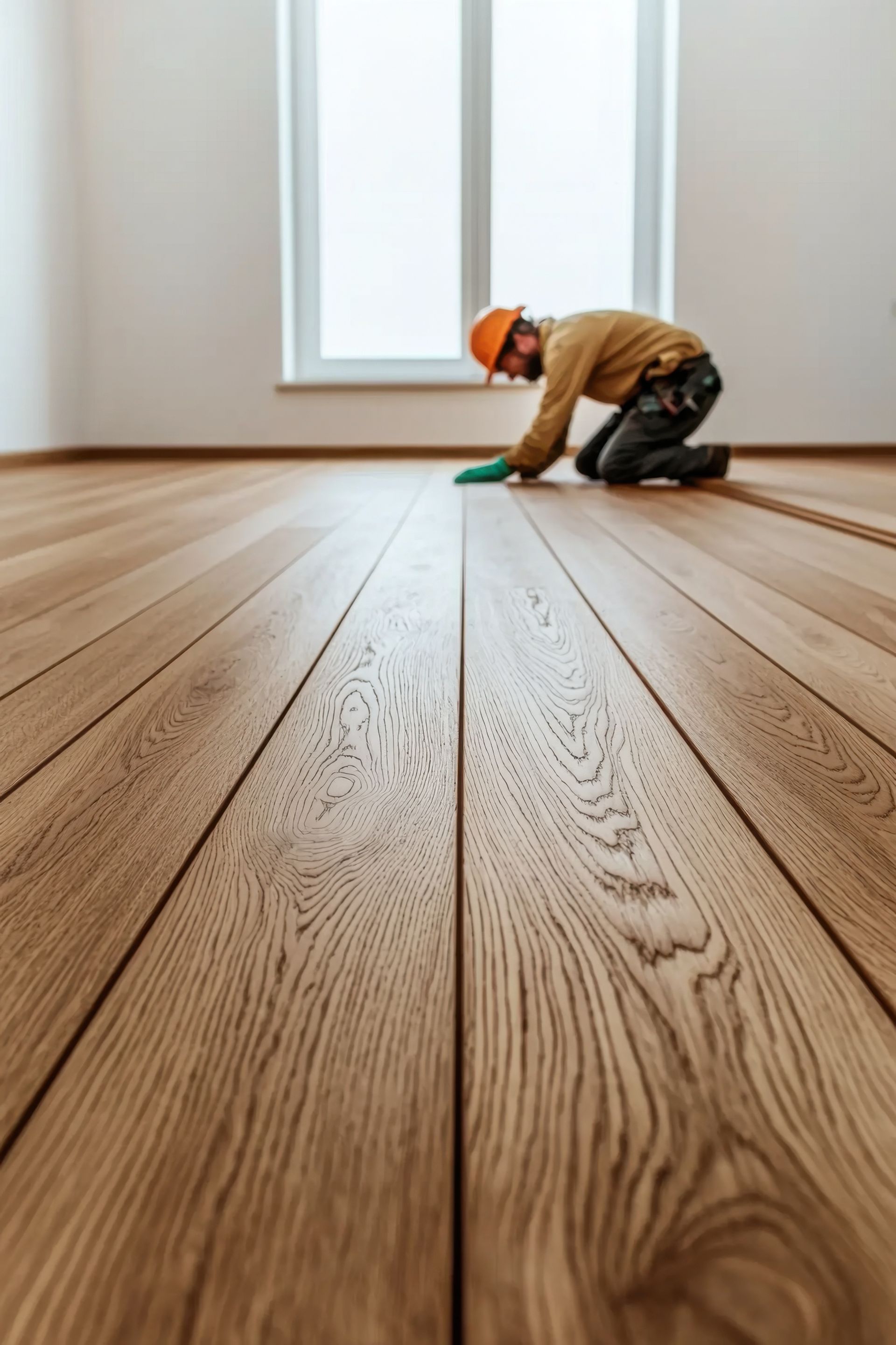 A worker installing hardwood flooring, kneeling in a room with a window, wearing a safety helmet and gloves.