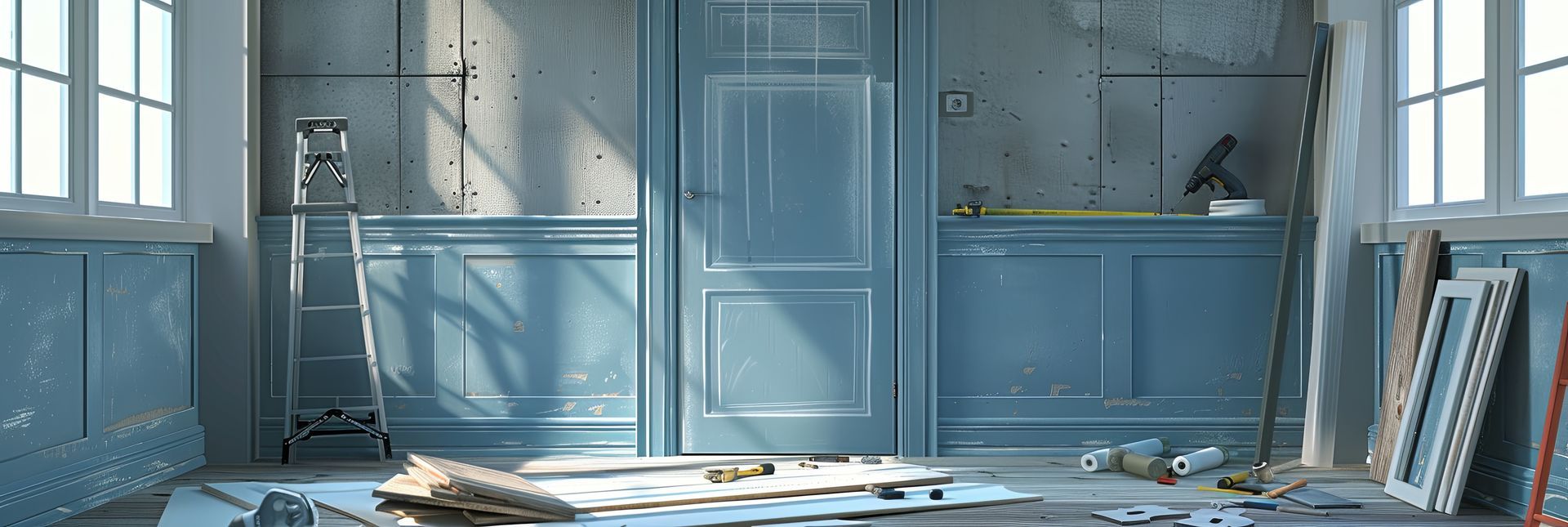 Interior of a room undergoing renovation; blue walls, door, ladder, and window with tools scattered on the floor.