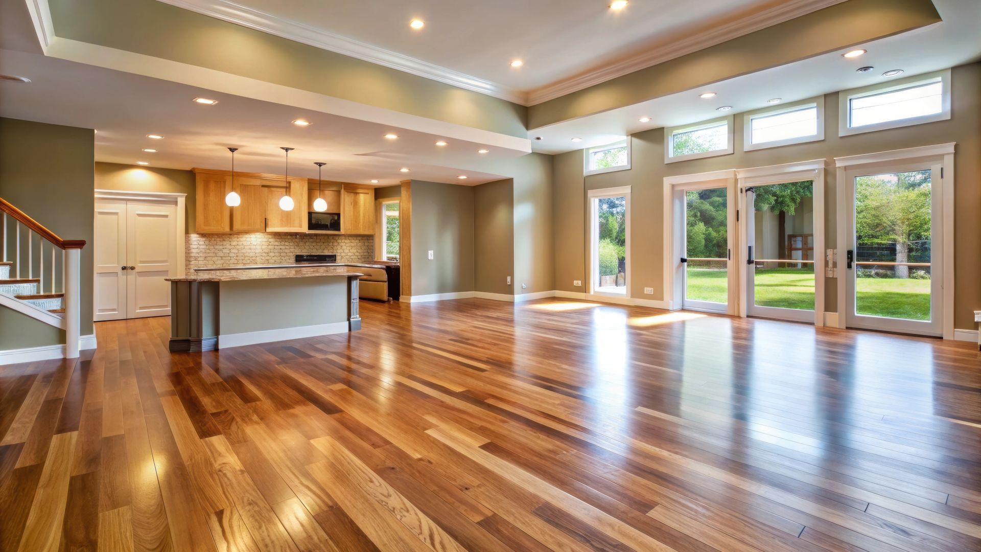 Empty modern home interior with hardwood floors, kitchen, and large windows leading to a backyard.